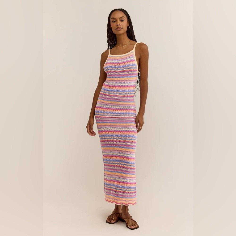 Z‎ SUPPLY Santa Cruz Striped Women XS Multicolor Crochet Knit Midi Dress Boho